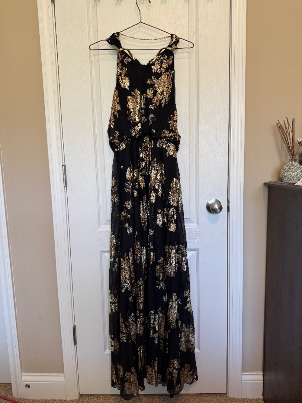 MSK Metallic-Print Black & Gold Pleated Blouson Goddess Maxi Dress Gown Size 8